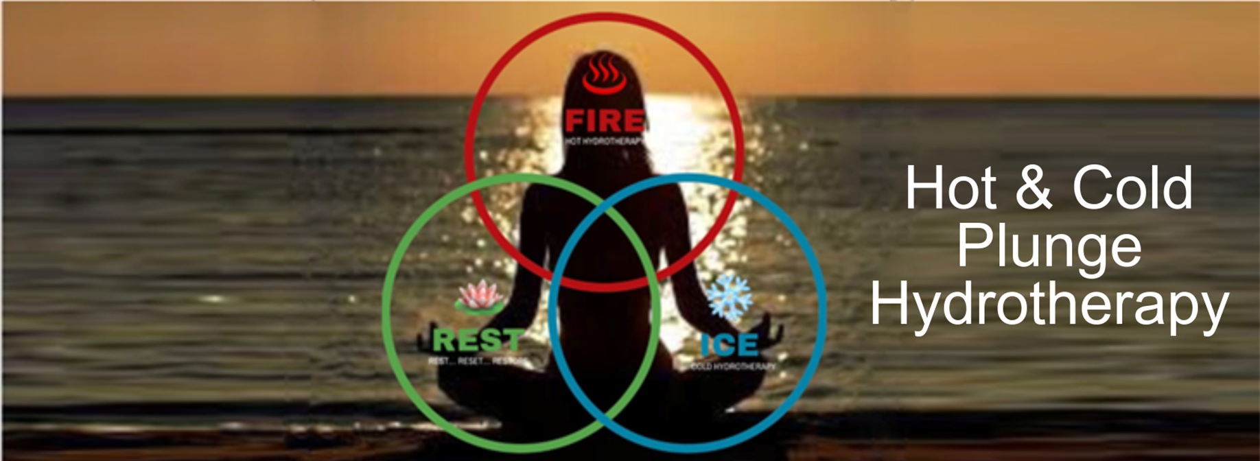 Photo of woman meditating on a beach with text: Hot and Cold Plunge Hydrotherapy Photo of woman meditating on a beach with text: Hot and Cold Plunge Hydrotherapy